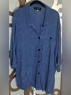 Fenini Textured Shacket Blue Linen Blend Button Front Oversized 1X